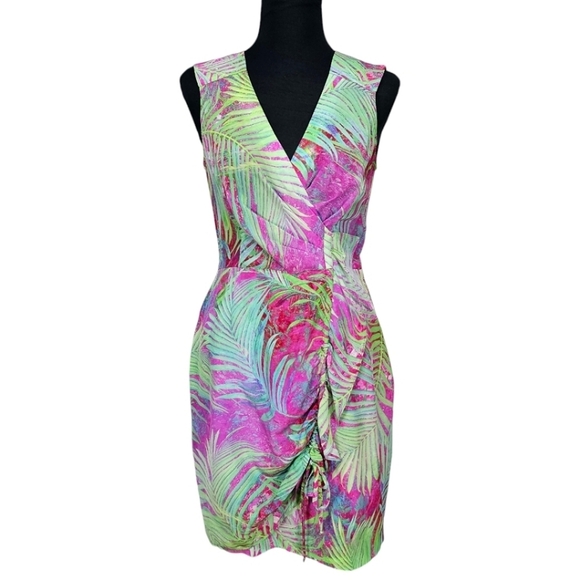Nanette Lepore Palm Paradise Printed Silk Sleeveless Ruched V-Neck Dress Size 2 - Picture 1 of 16